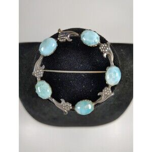 RARE Vtg Sassen Larimar Cabochon 925 Sterling Silver Brooch Dominican Atlantis